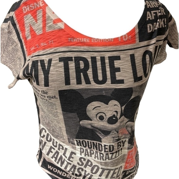 DISNEY Parks My True Love Mickey and Minnie Newspaper Print Shirt Women's - Picture 1 of 9